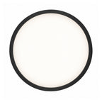 30cm black slim round LED ceiling light, lit, straight on