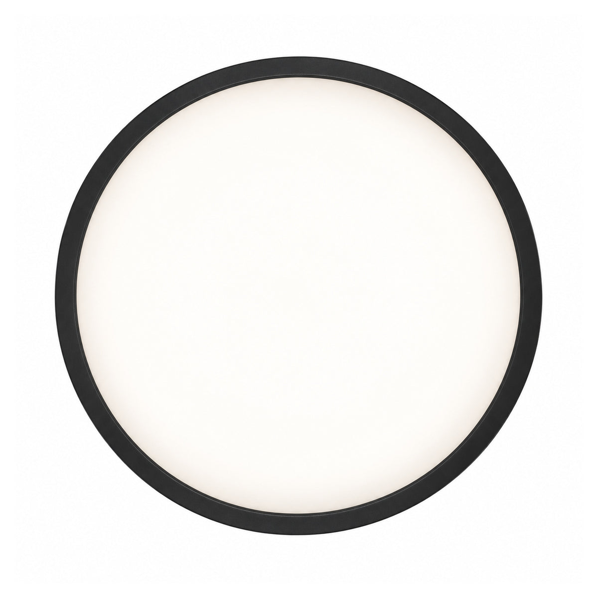 30cm black slim round LED ceiling light, lit, straight on