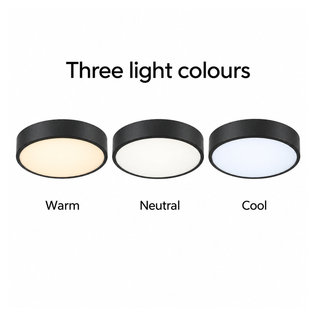 30cm black slim round LED ceiling light, three light colours: warm, neutral, cool