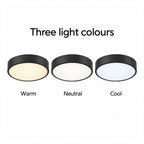 30cm black slim round LED ceiling light, three light colours: warm, neutral, cool
