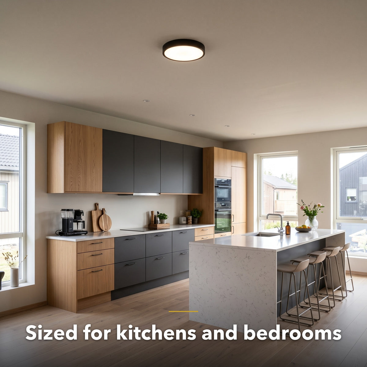 30cm black slim round LED ceiling light, in a room