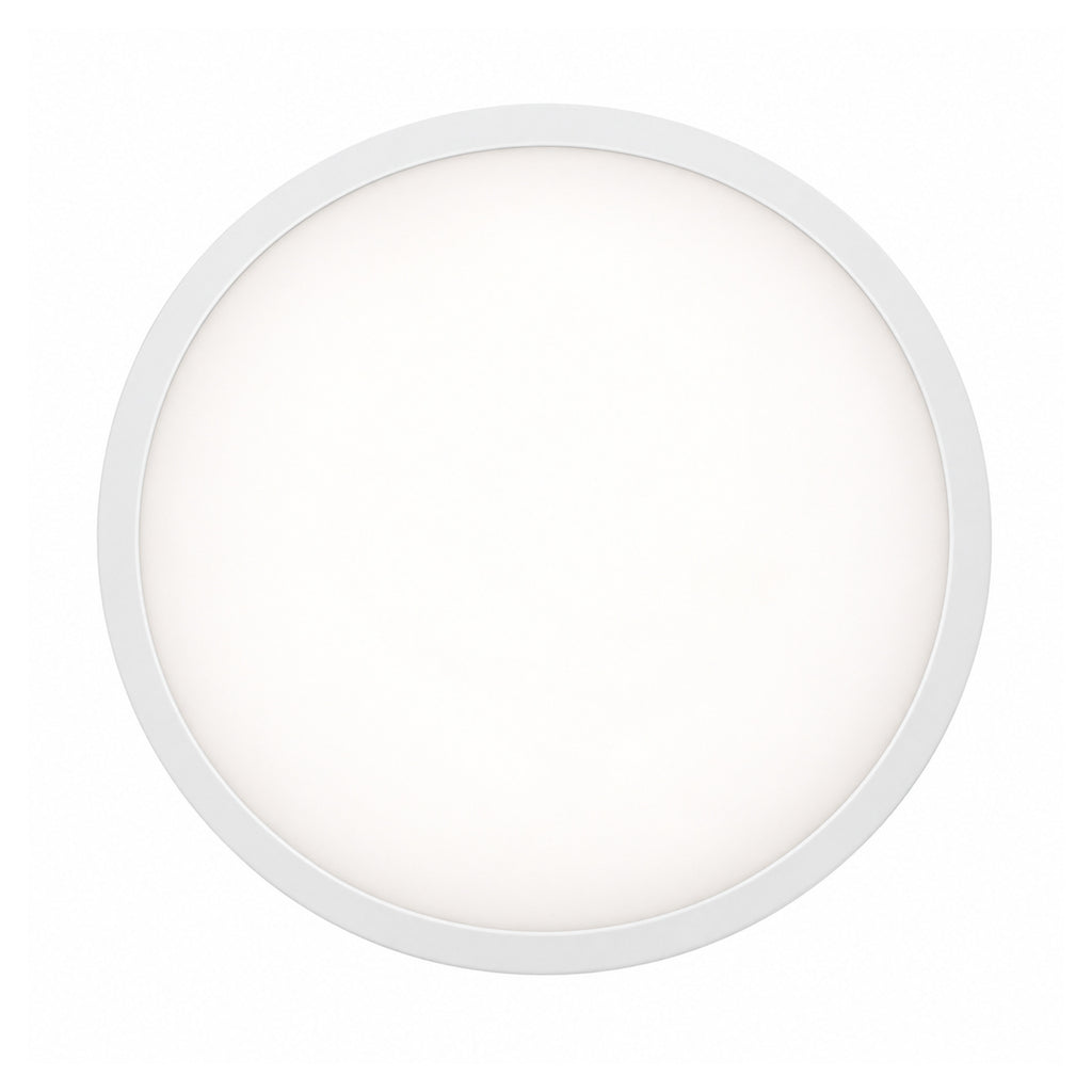30cm white slim round LED ceiling light, lit, straight on