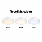 30cm white slim round LED ceiling light, three light colours: warm, neutral, cool