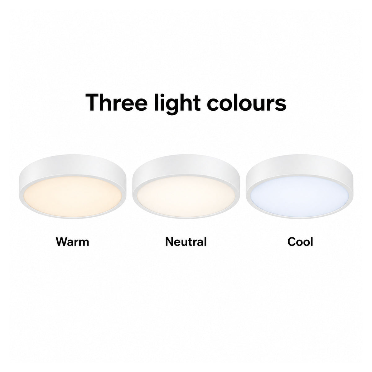 30cm white slim round LED ceiling light, three light colours: warm, neutral, cool