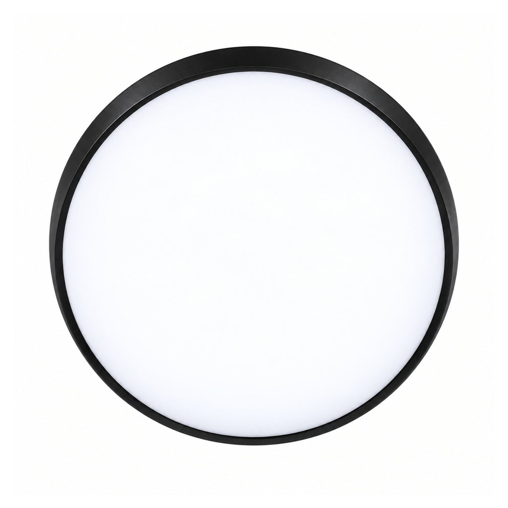 40cm black slim round LED ceiling light, lit, straight on