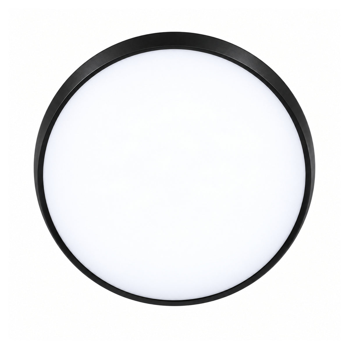 40cm black slim round LED ceiling light, lit, straight on