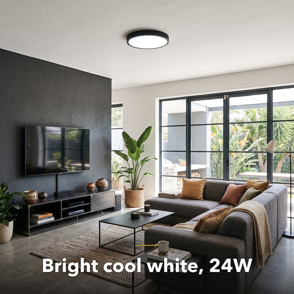 40cm black slim round LED ceiling light, in a room