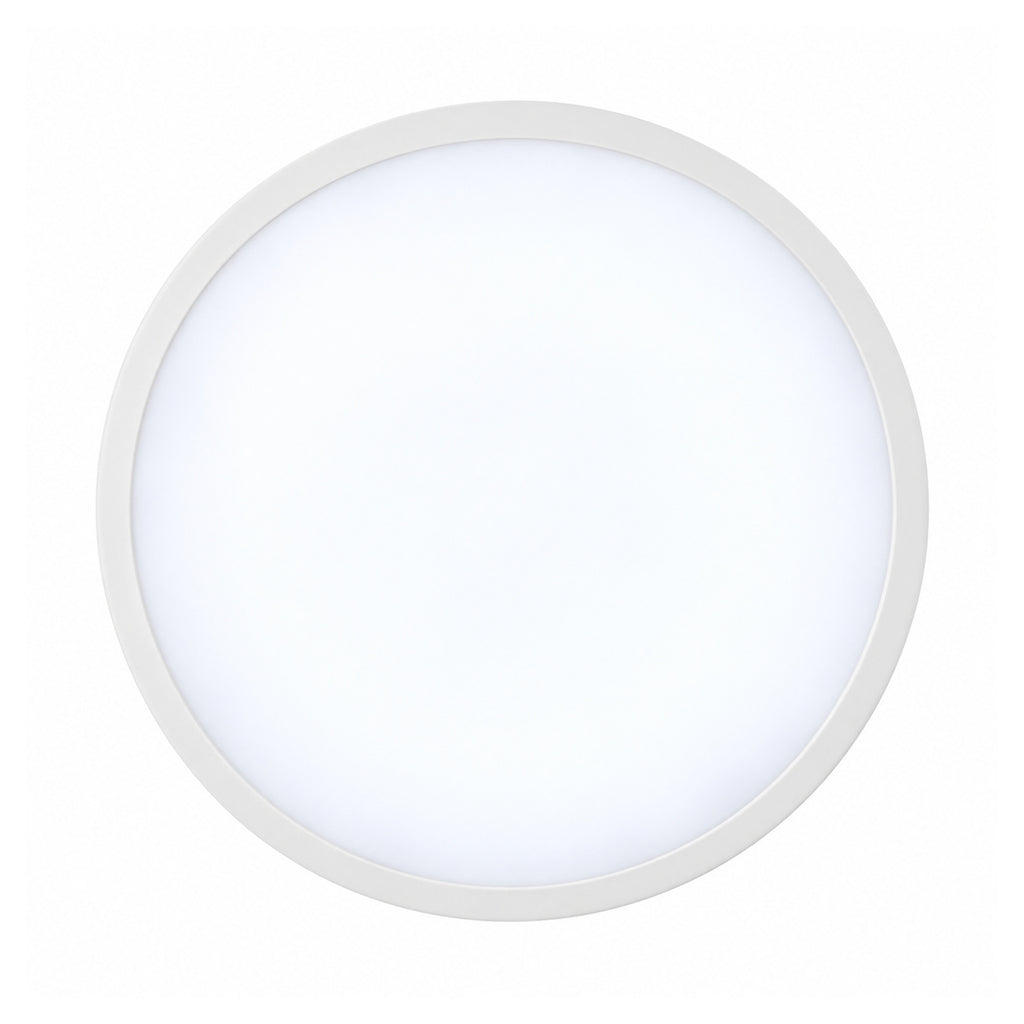40cm white slim round LED ceiling light, lit, straight on