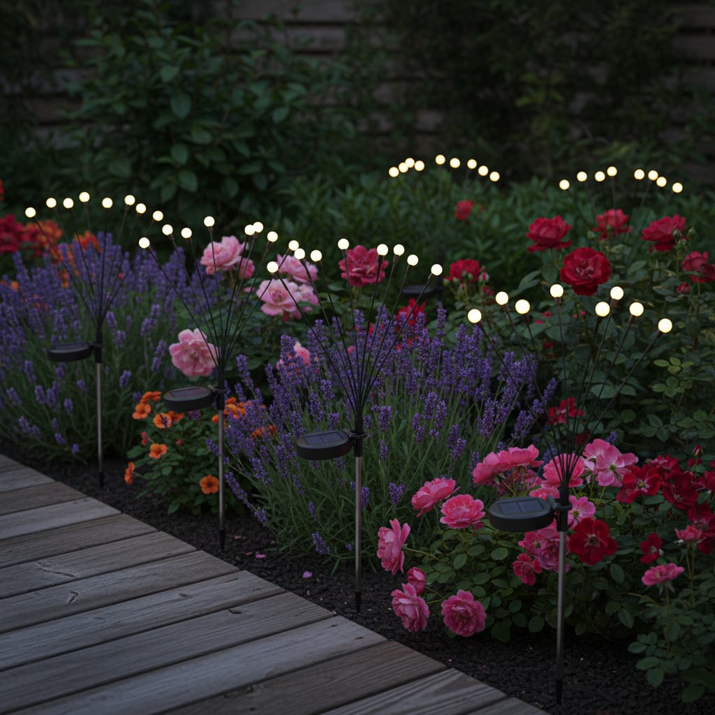 Solar firefly stake lights in backyard patio flower beds at evening