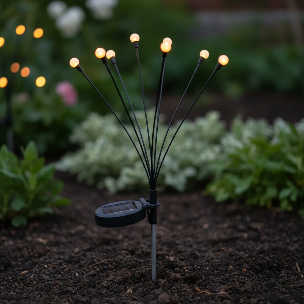 Close-up of solar firefly stake light in garden soil with glowing LED bulbs