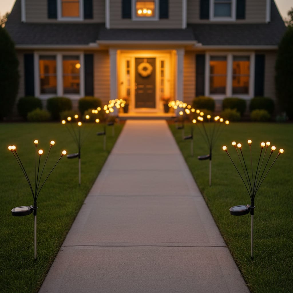 Solar firefly stake lights lining front yard entrance walkway at dusk