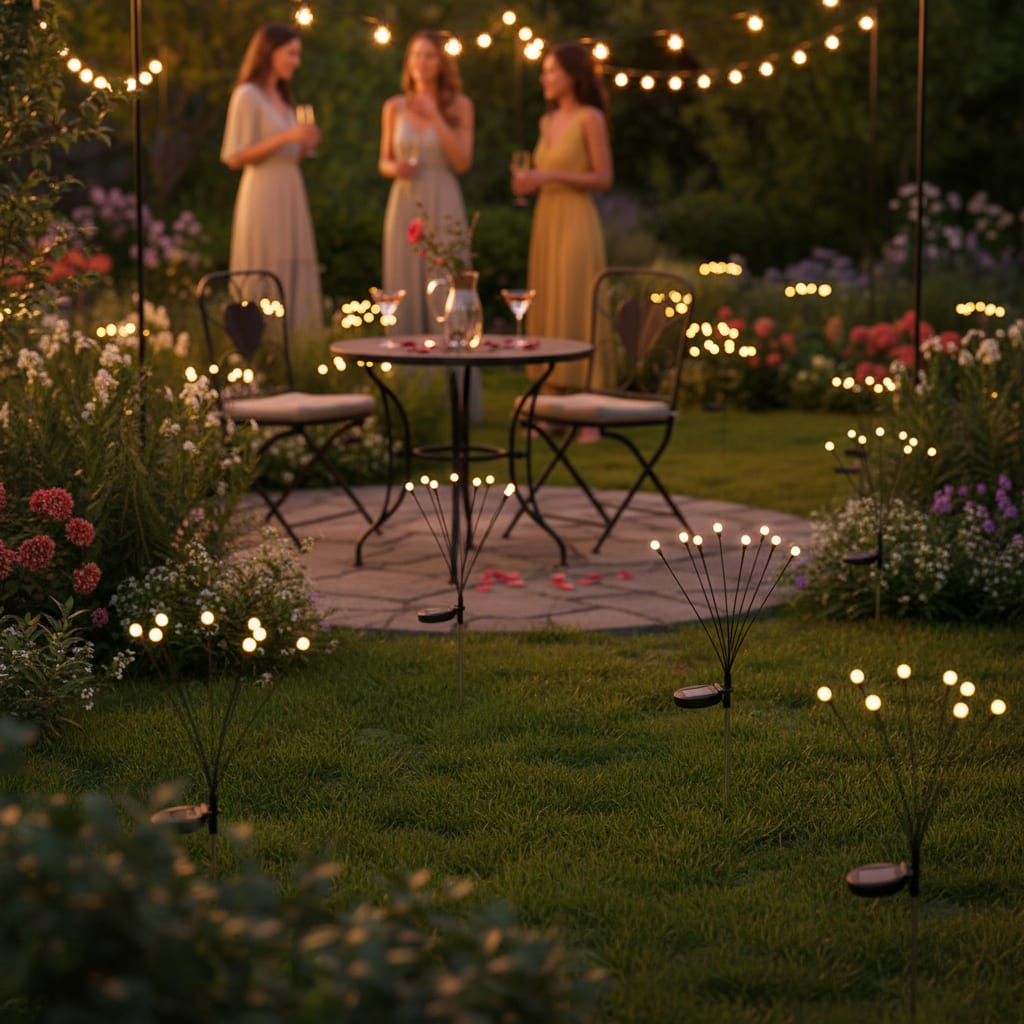 Solar firefly garden stake lights at magical outdoor garden party setting