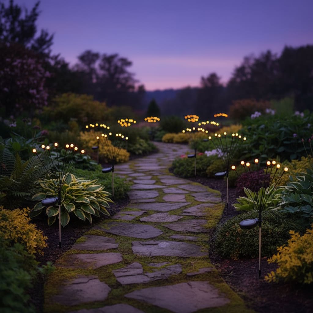 Solar firefly garden stake lights glowing along garden pathway at dusk