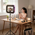 LumiLiving Ring Light in RGB mode — desk content creation setup
