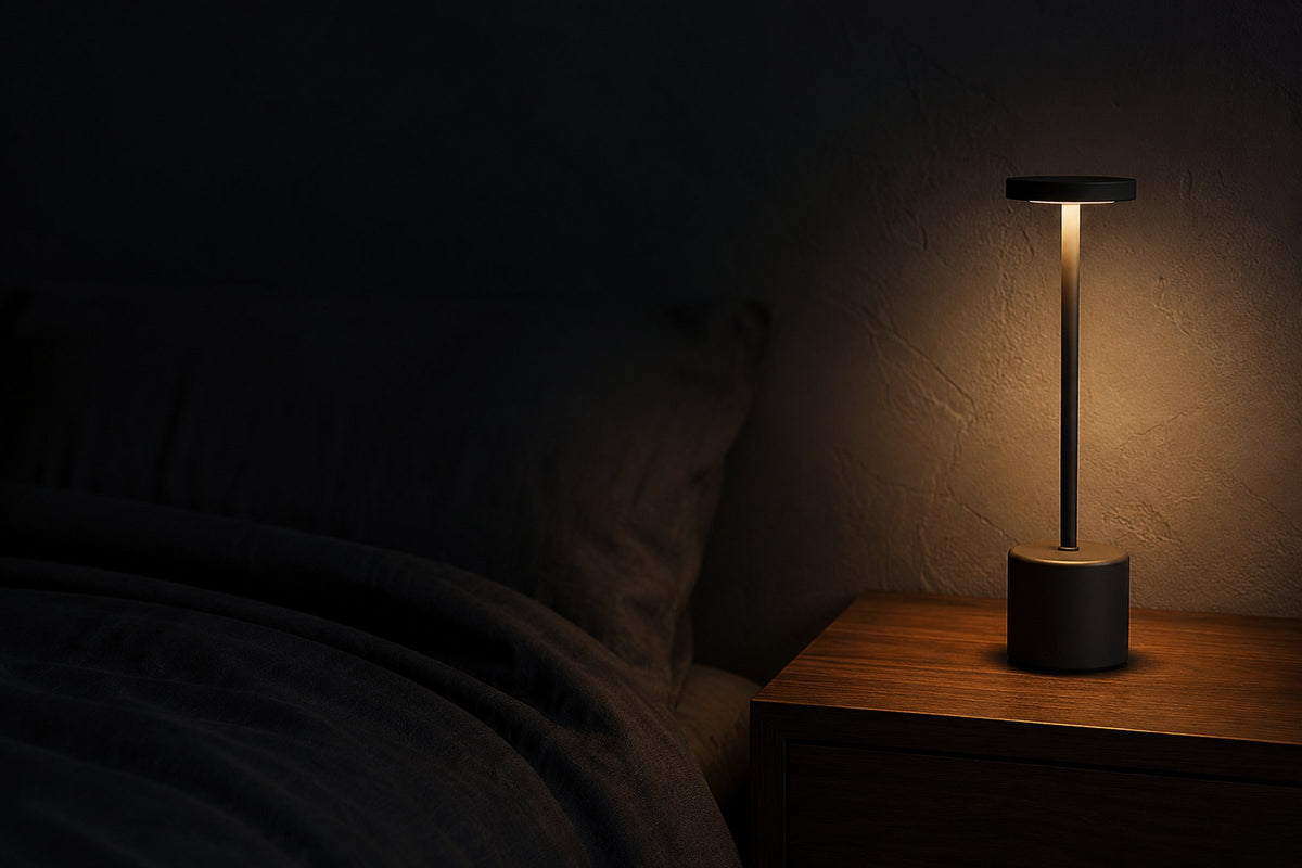 Matte-black Lumiliving cordless touch table lamp glowing warm on a bedside table in a dark bedroom at night