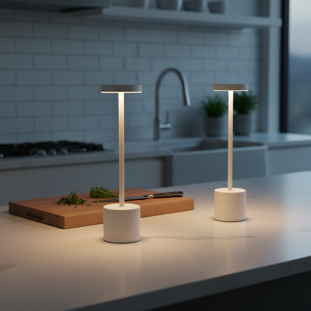 Two cordless Lumiliving table lamps glowing on a kitchen counter at night