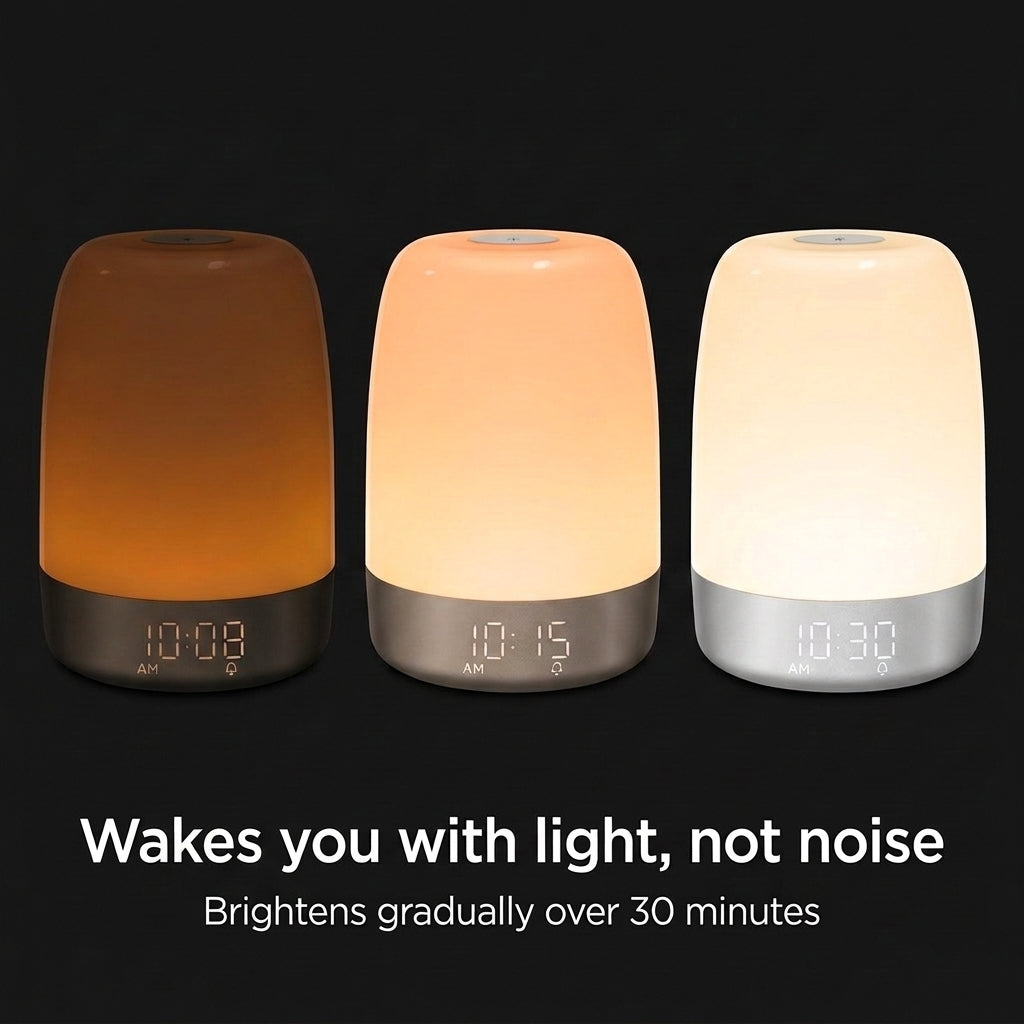 The same sunrise alarm clock shown three times, brightening from deep amber to warm white over thirty minutes