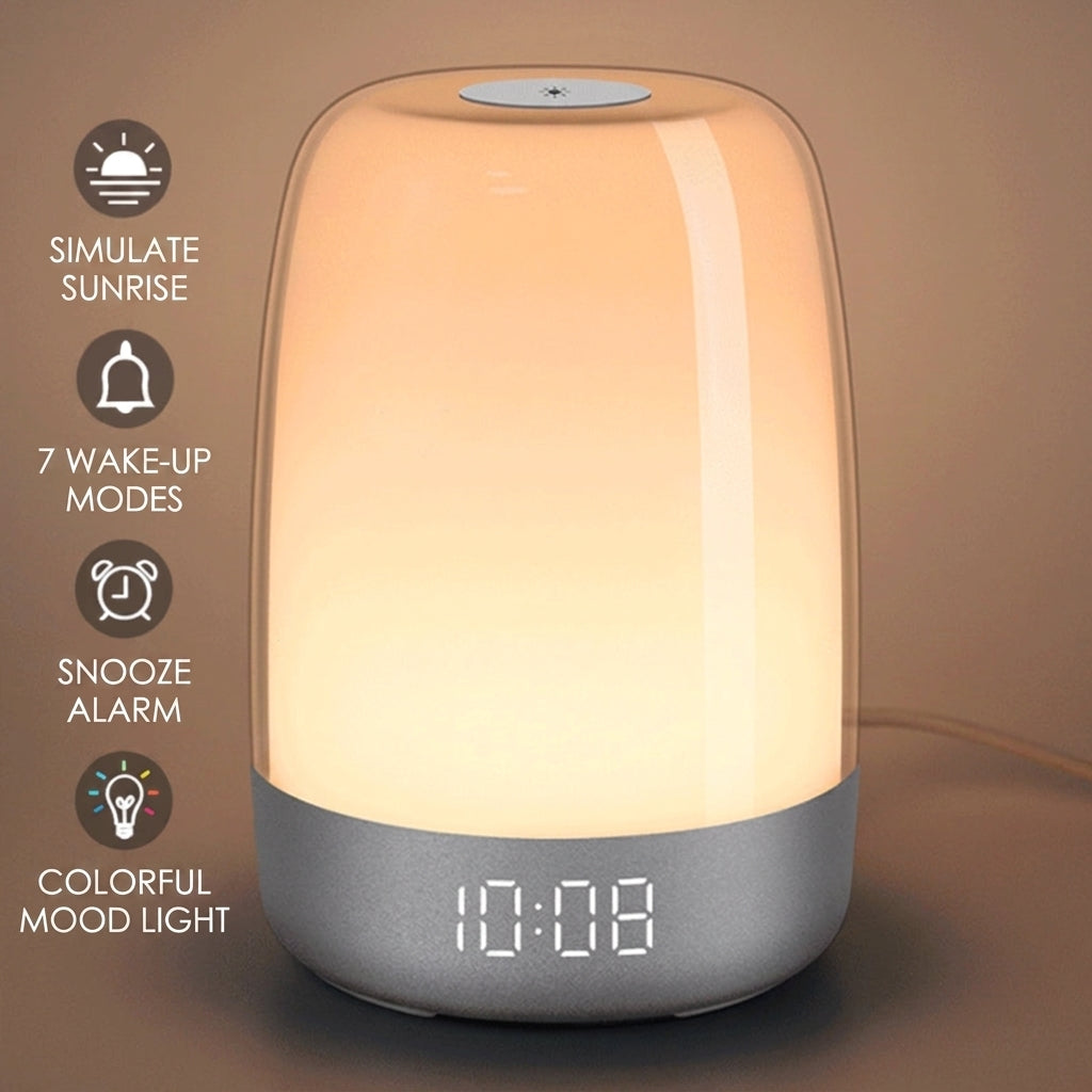 Sunrise alarm clock with labelled features: sunrise simulation, wake-up modes, snooze alarm and colour mood light