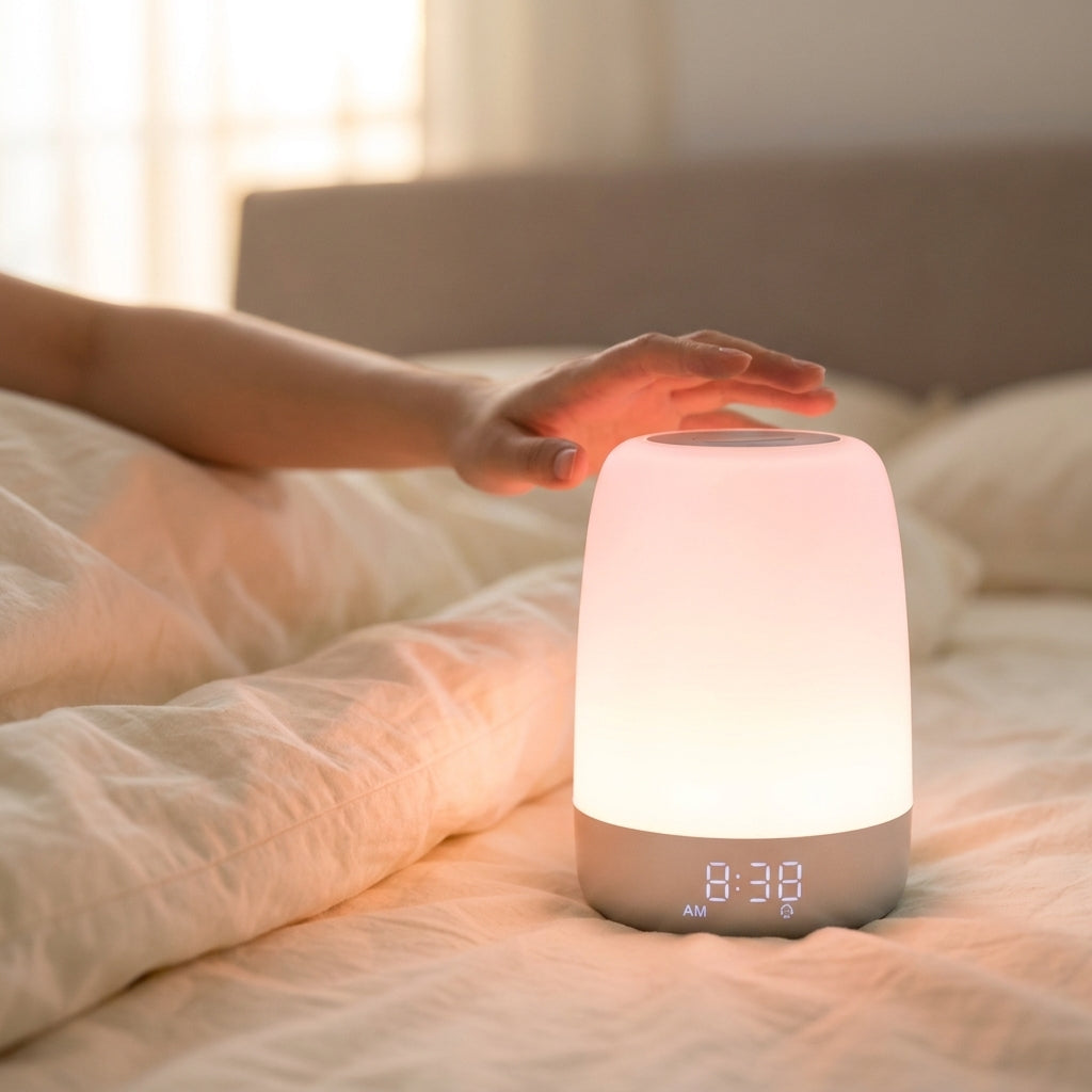 Sunrise alarm clock glowing warm on a bed at dawn, a hand reaching to touch it