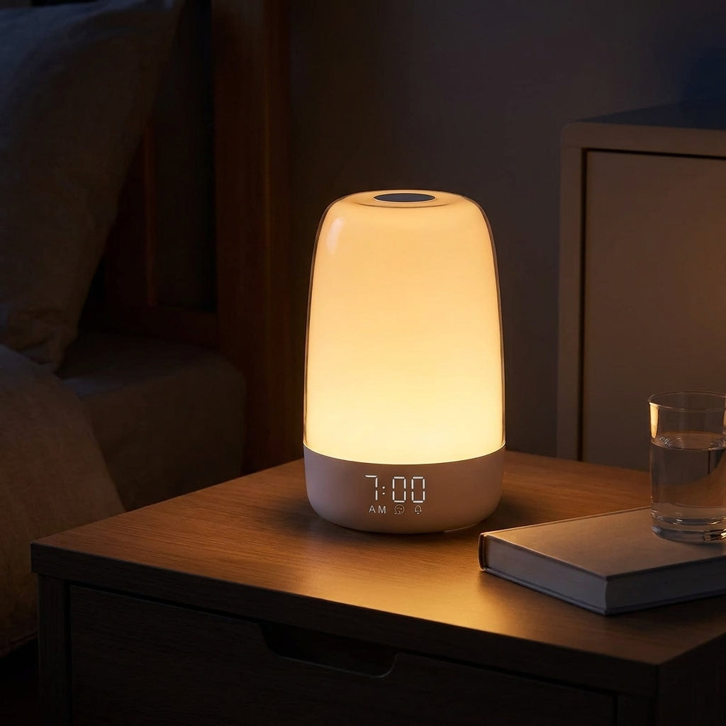 Sunrise alarm clock lit warm on a wooden nightstand at night beside a book and a glass of water
