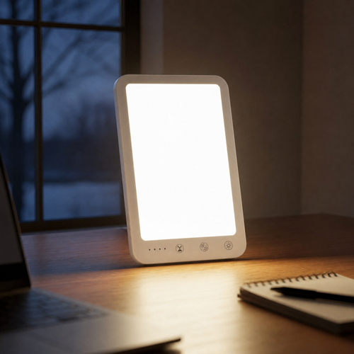 Full-spectrum daylight lamp glowing bright white on a wooden desk before dawn, a snowy window behind it