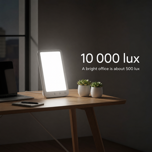 Daylight lamp on a desk beside the words ten thousand lux, noting a bright office is about five hundred lux