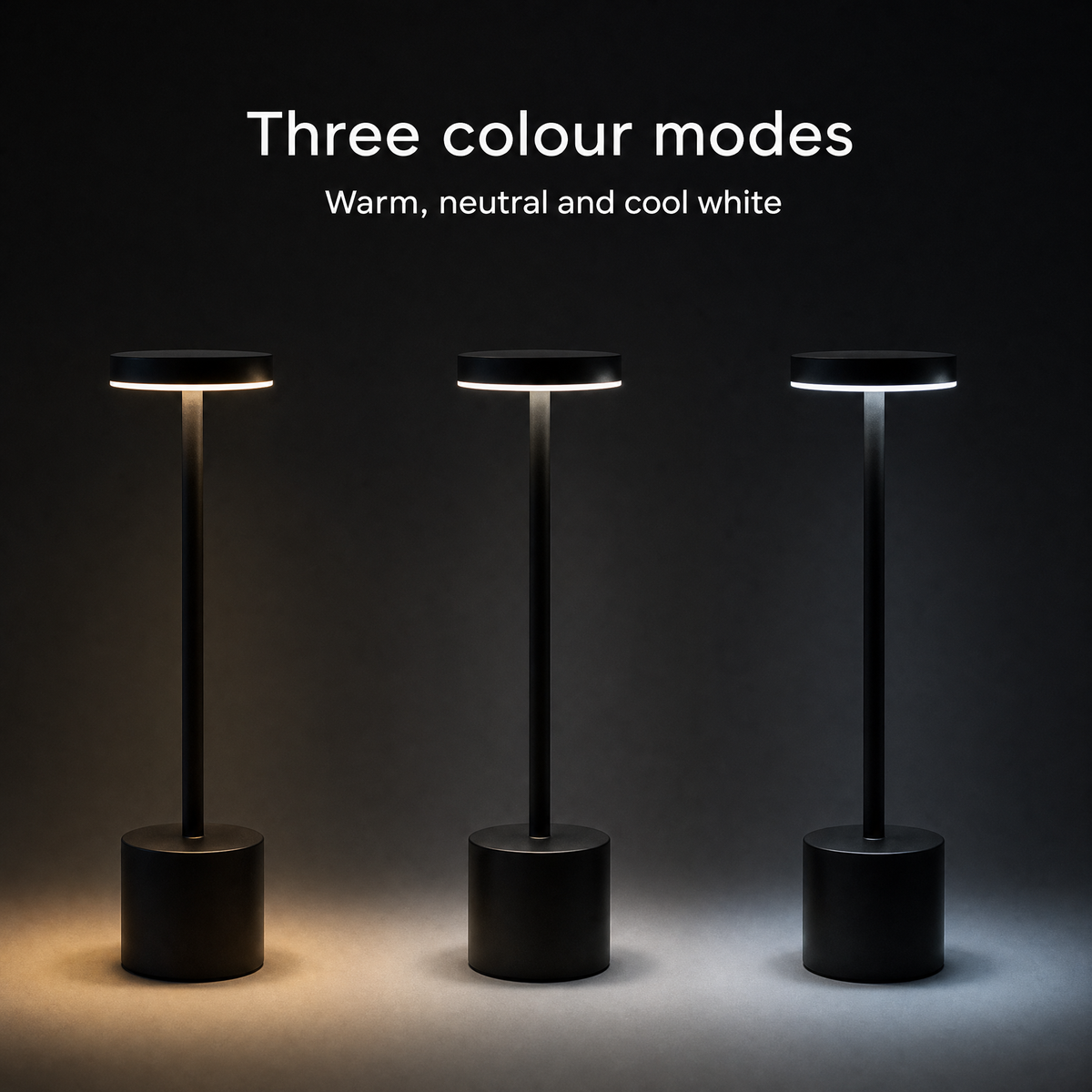 The lamp shown three times in its warm, neutral and cool white colour modes