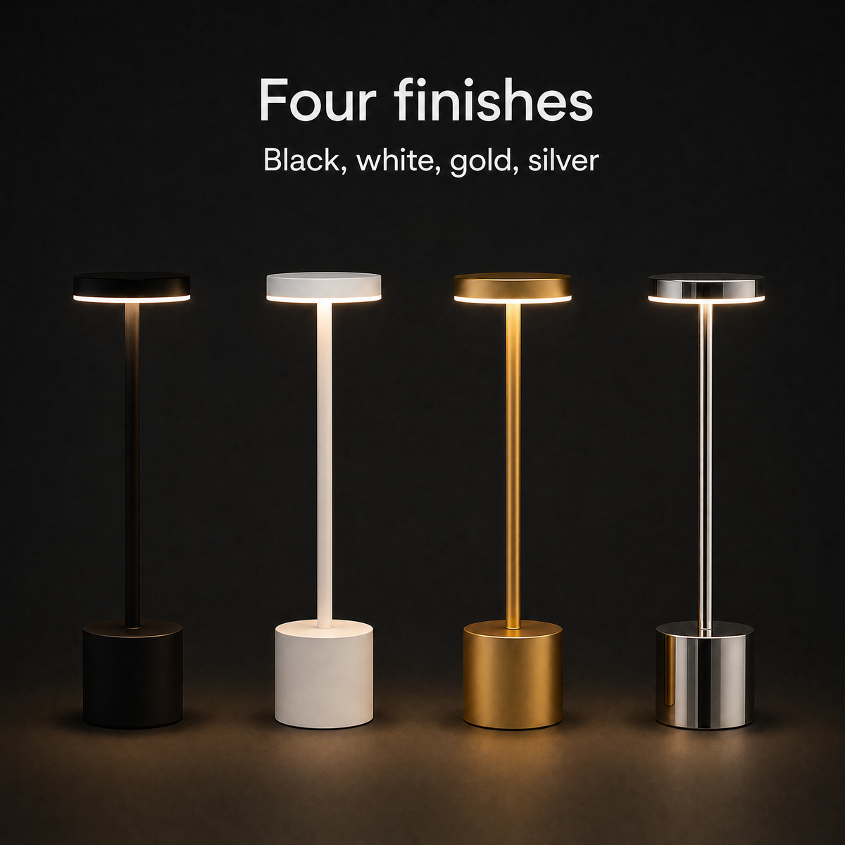 The lamp in all four finishes: matte black, white, gold and brushed silver