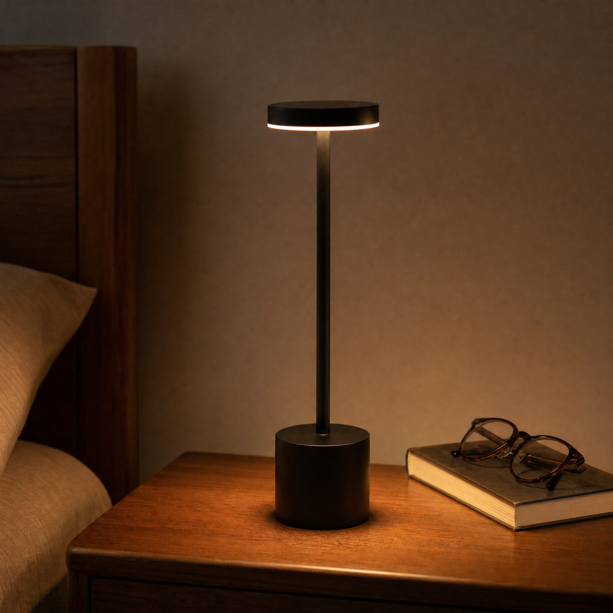Matte black iron I-shaped table lamp glowing warm on a wooden nightstand at night