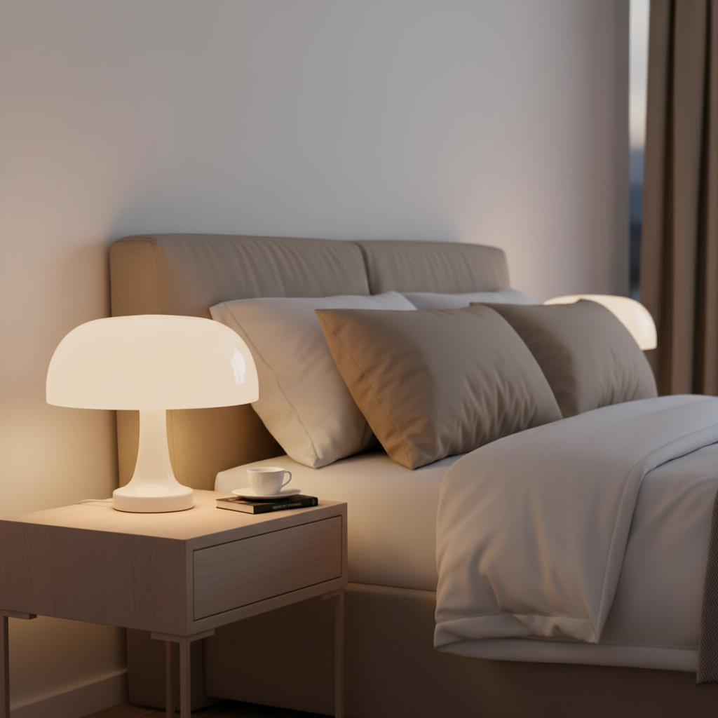 White Mushroom LED Desk Lamp - Cozy Bedroom Setting