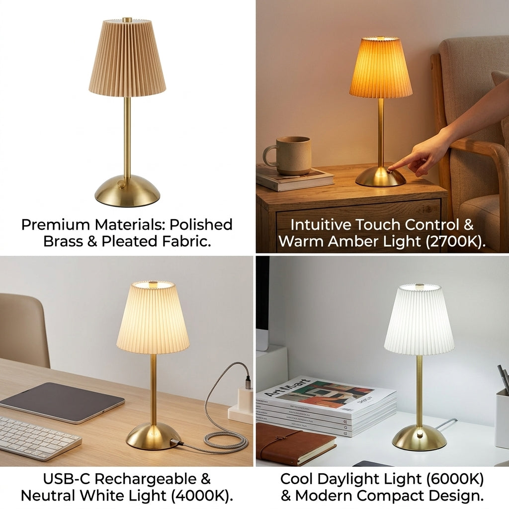 Modern Minimalist Pleated Fabric Table Lamp - Rechargeable Touch Control