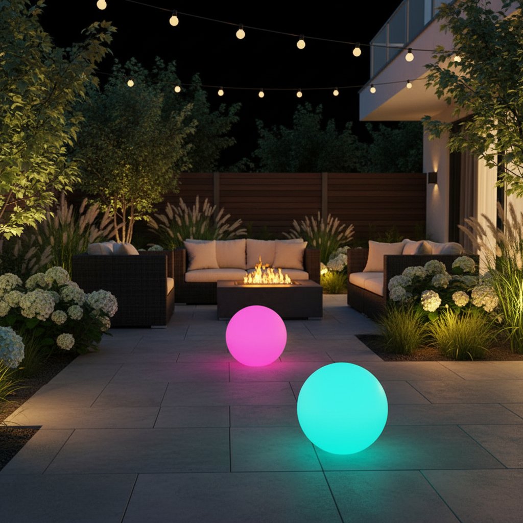 30cm solar ball lamp illuminating garden patio at night scene