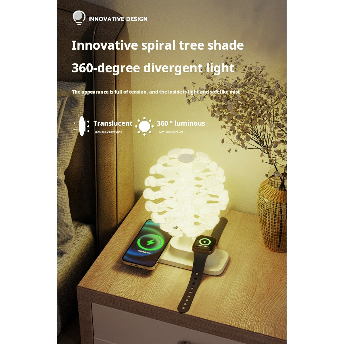 3-in-1 Wireless Charging Night Light - 360 Degree Light Spread Bedroom