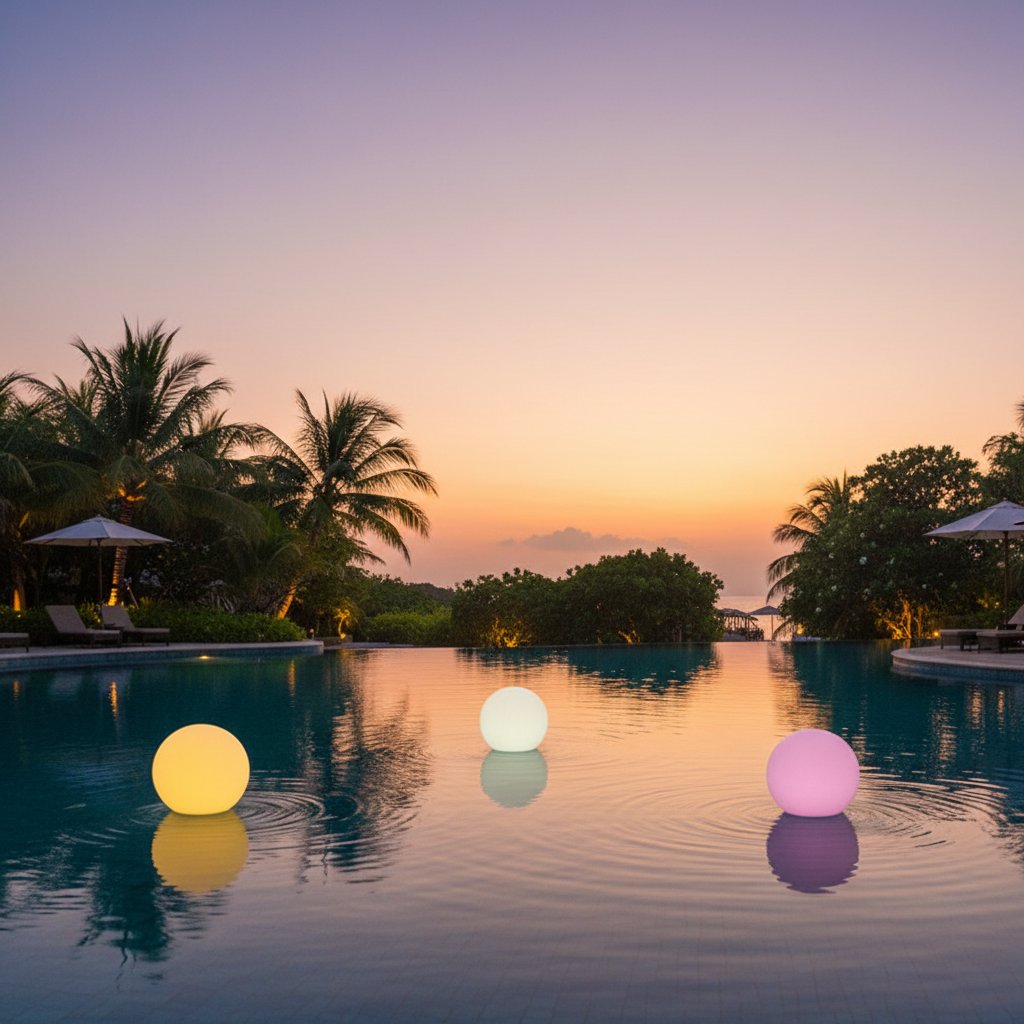Solar LED sphere lamp floating on pool creating mesmerizing reflections - waterproof IP65