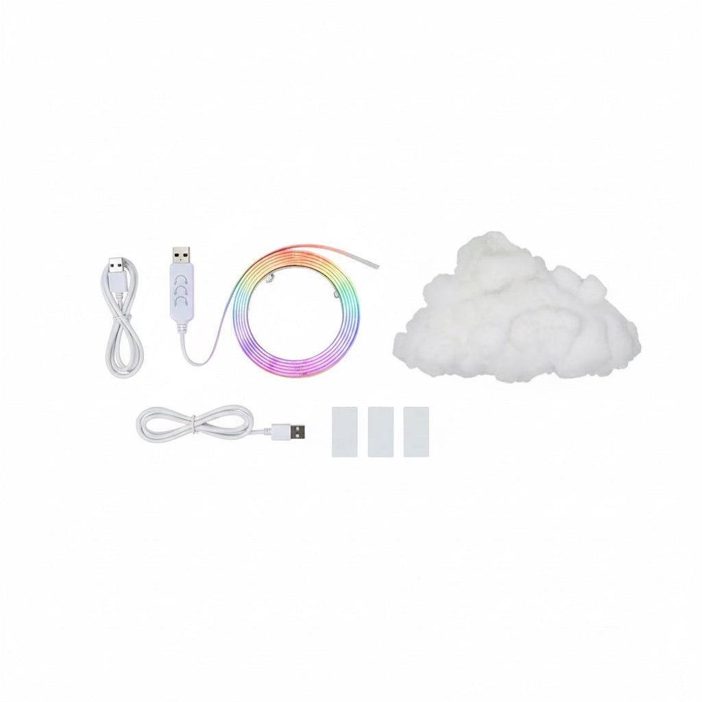 Thundercloud LED light DIY kit contents - LED strip USB cable cotton fibre adhesive strips