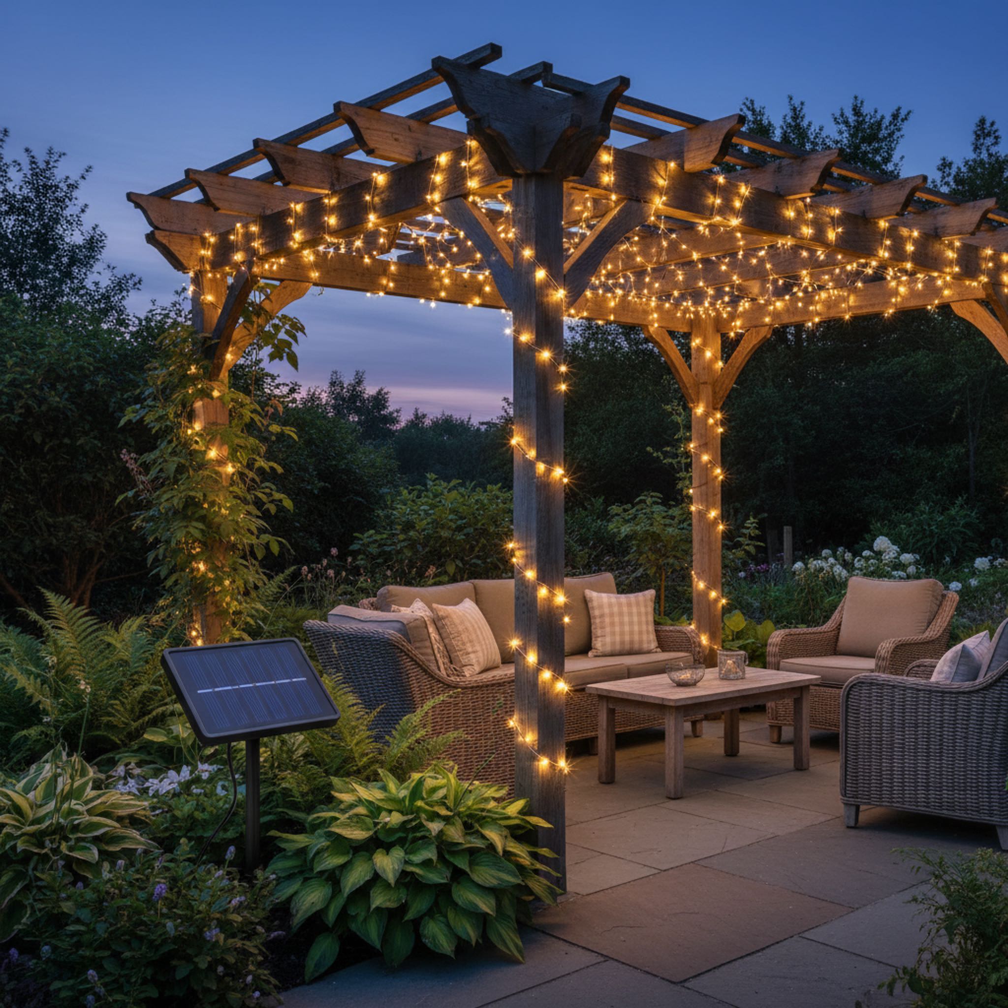 Solar fairy string lights draped on garden patio pergola - warm white LED glow with solar panel ground stake visible