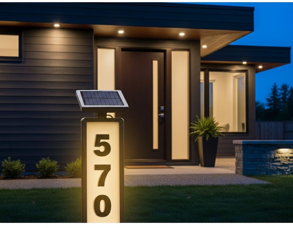 Solar LED address sign - modern home entrance evening lighting