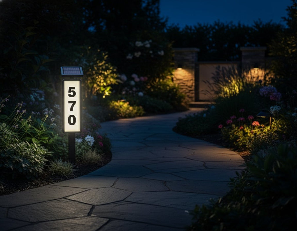 Solar house number ground stake - garden path installation warm glow