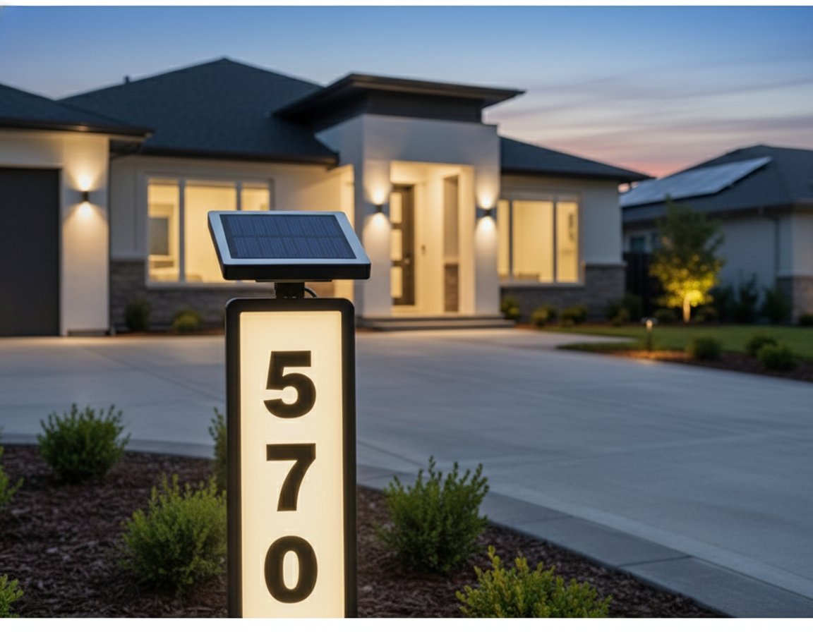 Solar house number light - illuminated driveway entrance at night