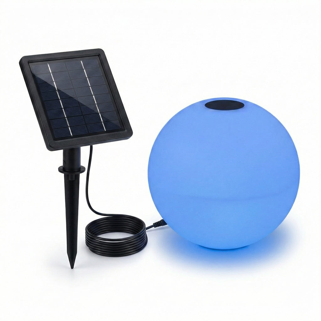 30cm Solar LED Ball Lamp in blue with solar panel ground spike and cable - product photo on white background