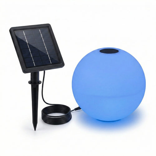 30cm Solar LED Ball Lamp in blue with solar panel ground spike and cable - product photo on white background