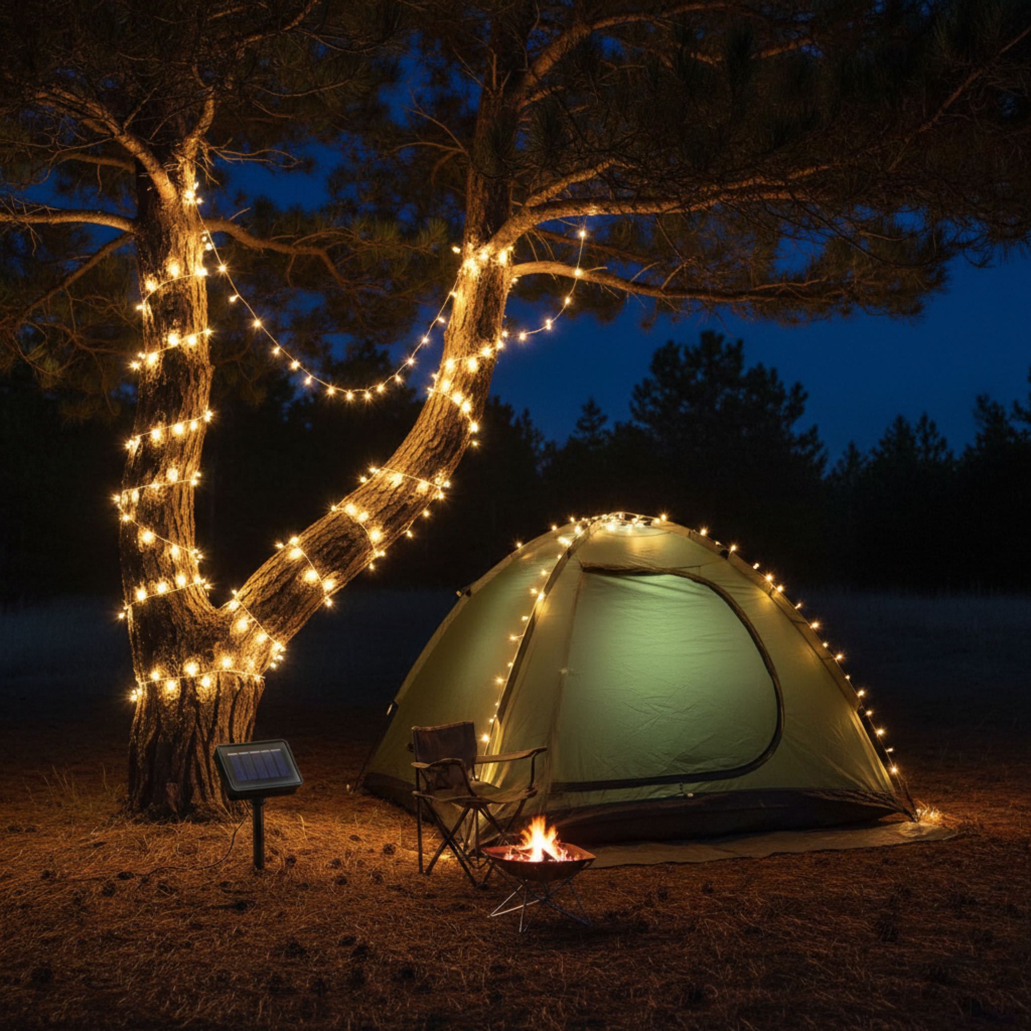 Solar LED camping fairy lights wrapped around tent and tree branches - outdoor adventure lighting with solar panel
