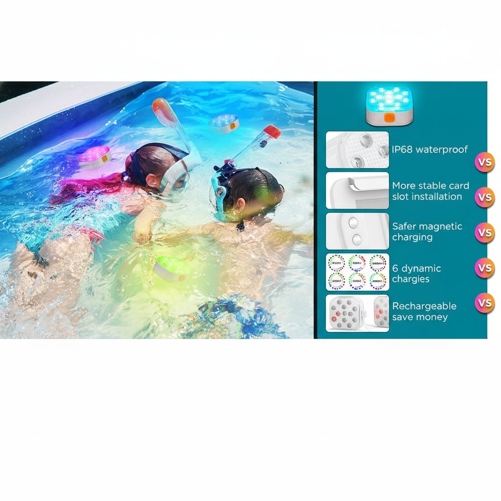 Children swimming in pool with colour-changing IP68 LED pool lights underwater South Africa