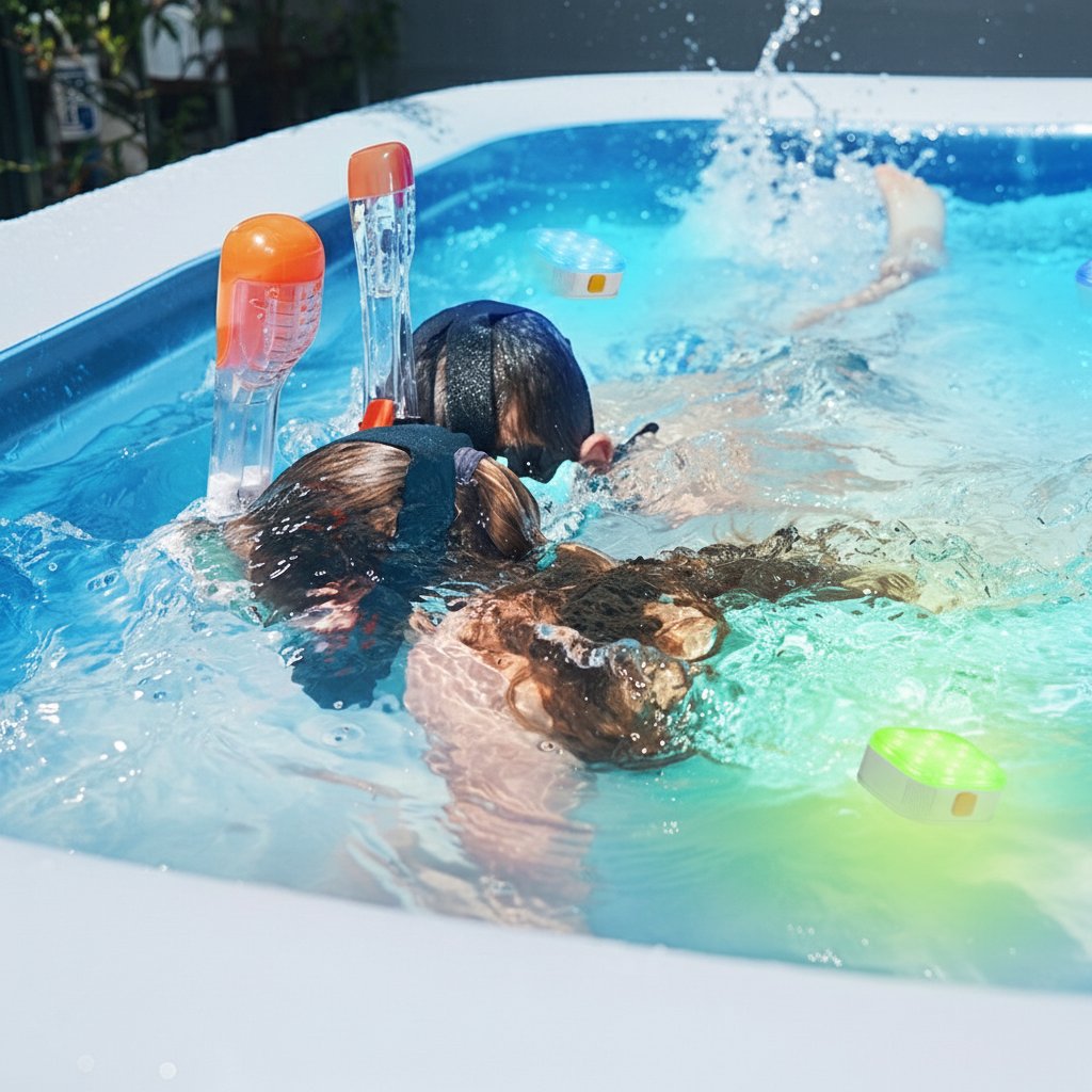Rechargeable RGB pool lights 4-pack illuminating swimming pool at night aerial view