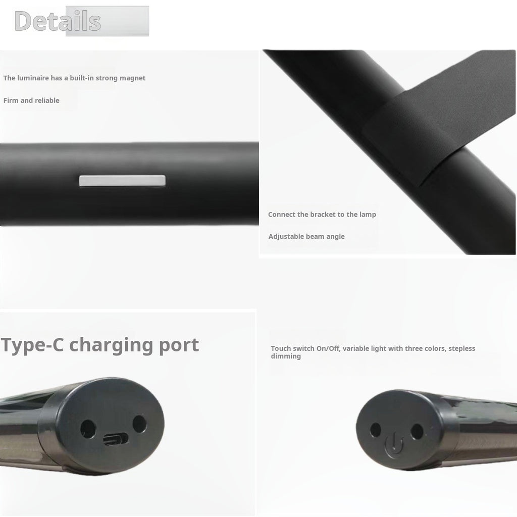 Detail close-ups: magnetic mount, adjustable angle, charging port