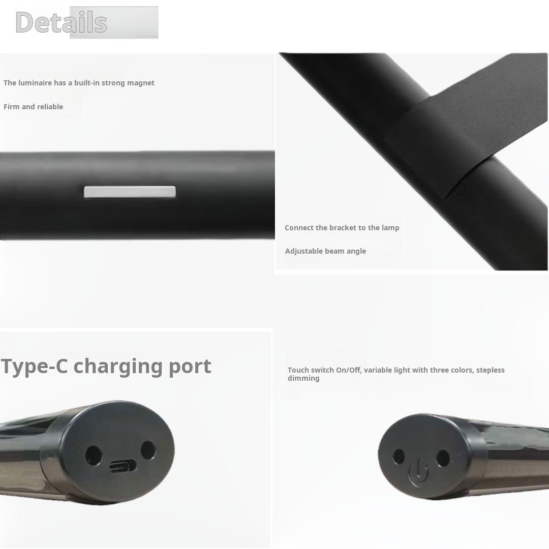 Detail close-ups: magnetic mount, adjustable angle, charging port