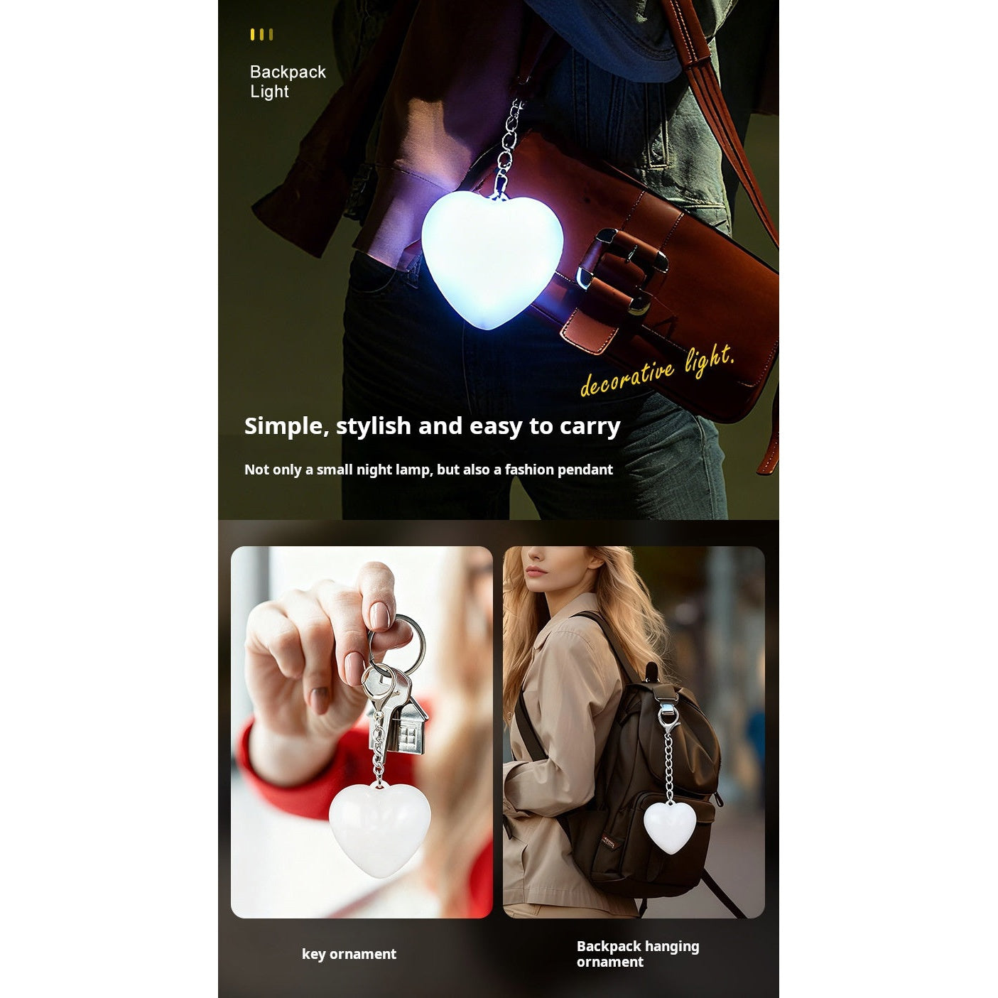 LED heart keychain light attached to backpack and keys lifestyle