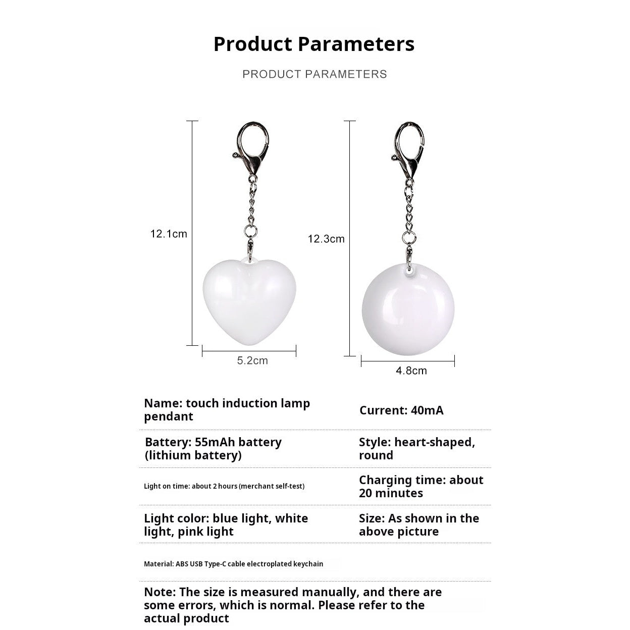 LED heart keychain light dimensions and specifications