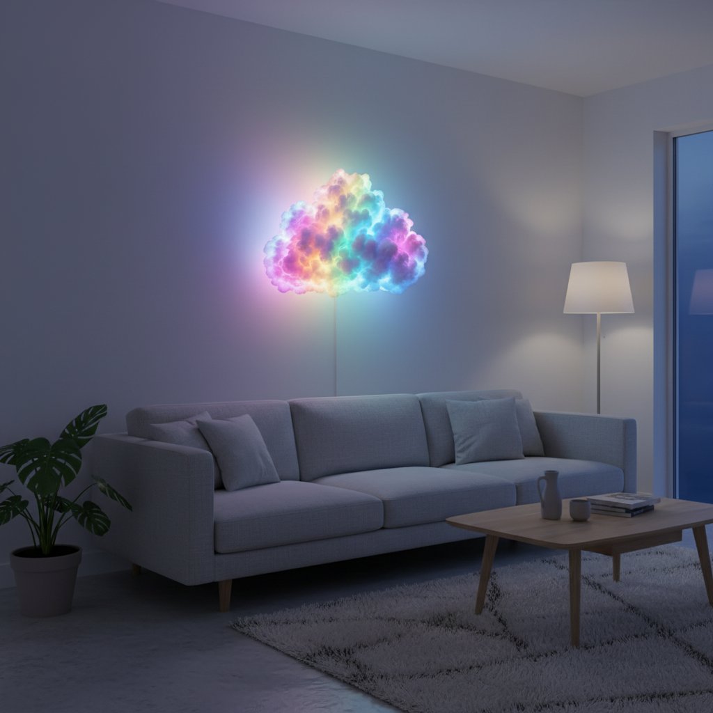 Thundercloud LED cloud light mounted above grey sofa in modern living room