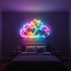 Thundercloud LED cloud lamp mounted above bed in dark bedroom - rainbow RGB glow